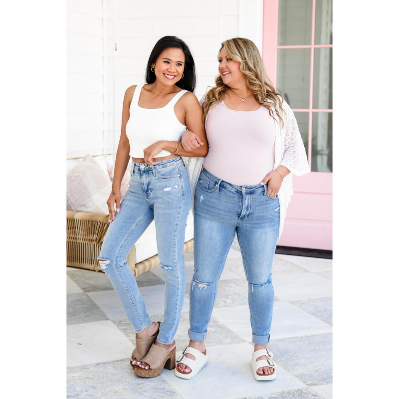 Judy Blue Make you Mine Mid Rise Light Wash Tummy Control Distressed Skinny Jeans